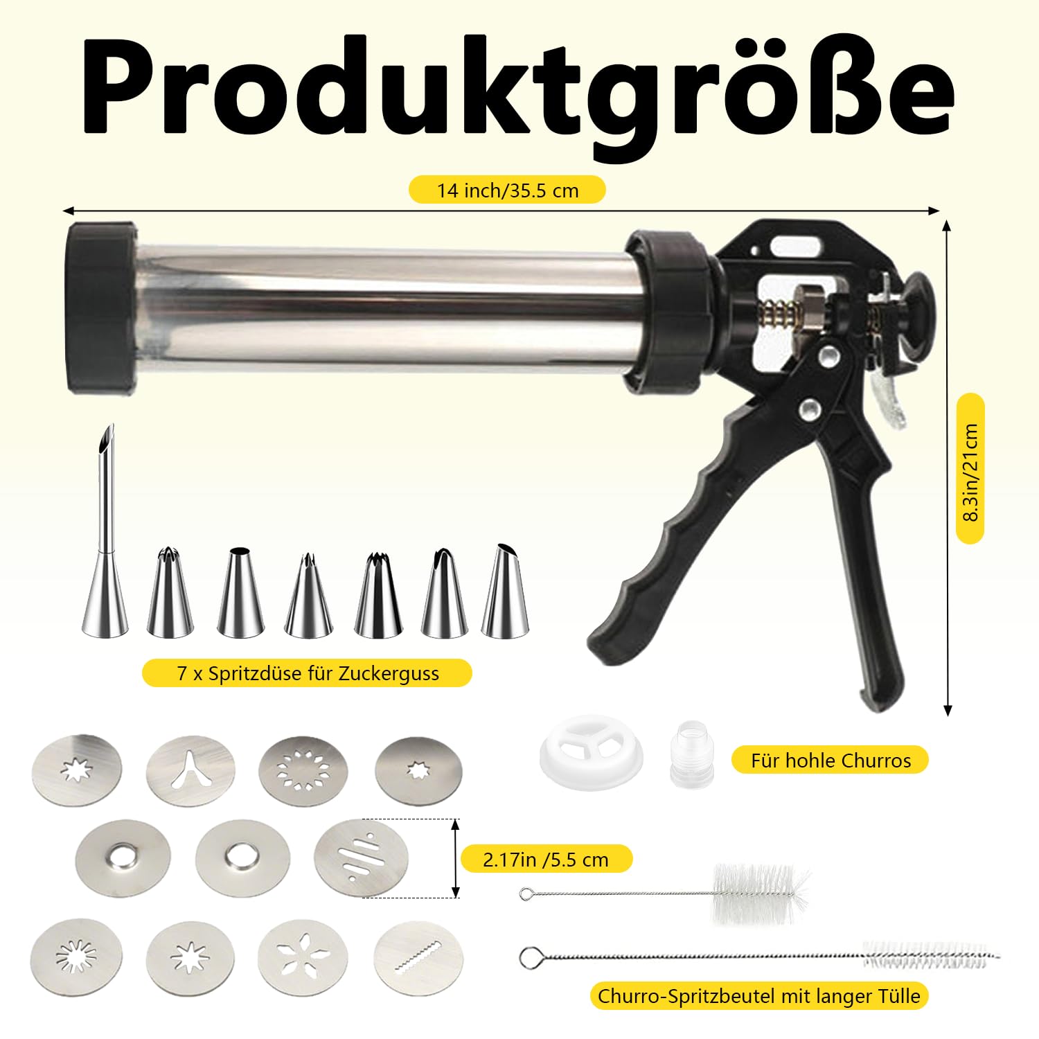 Churro Maker Edelstahl Gebäckpresse, Spritzgebäck Presse mit 10 Schablonen und 7 Edelstahl Tüllen, Teigspritze Kekspresse Gebäckspritze, Plätzchenpresse Backzubehör für Kuchen Dessert Cookie Presse