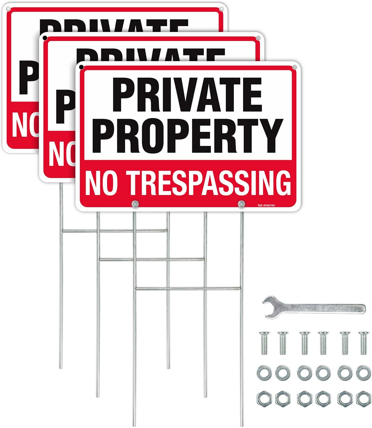 T&R No Trespassing Sign Private Property Sign with H Stake for Outside,3 Pack,12"x8" .040 Rust Free Heavy Aluminum, Waterproof,Includes Matching Screws & Wrench, Easy to Mount