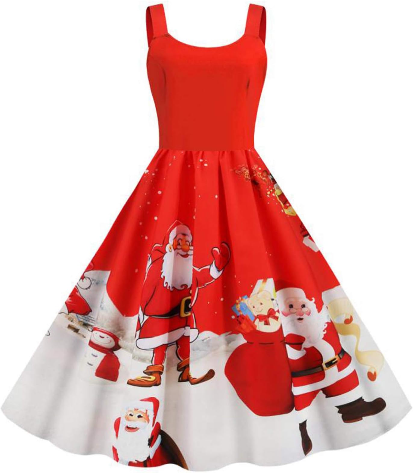 YUANCHENGWinter Christmas Dress Women Spaghetti Strap Swing Party Dress Vintage Robe Santa Snowflake Print Plus Size