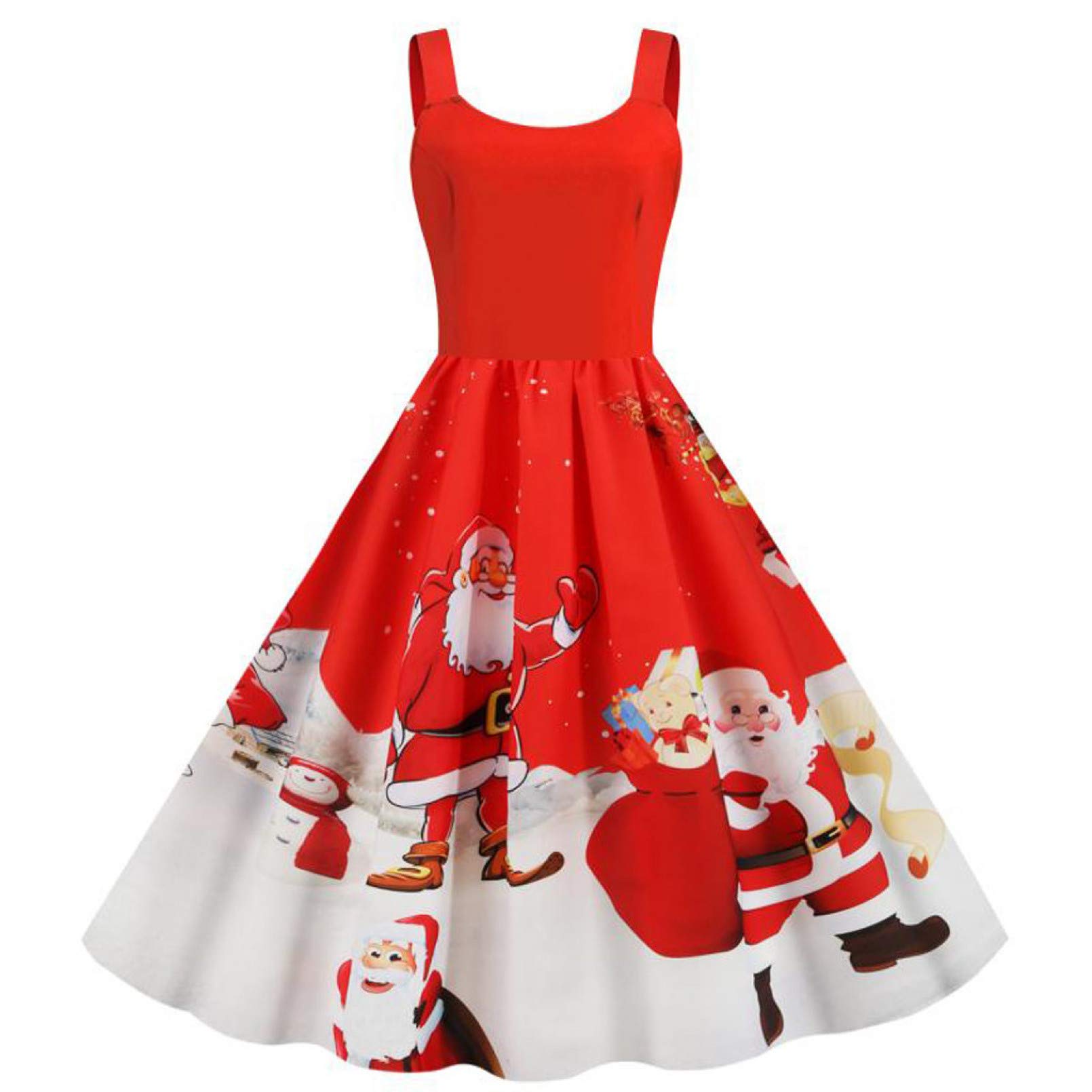 YUANCHENGWinter Christmas Dress Women Spaghetti Strap Swing Party Dress Vintage Robe Santa Snowflake Print Plus Size