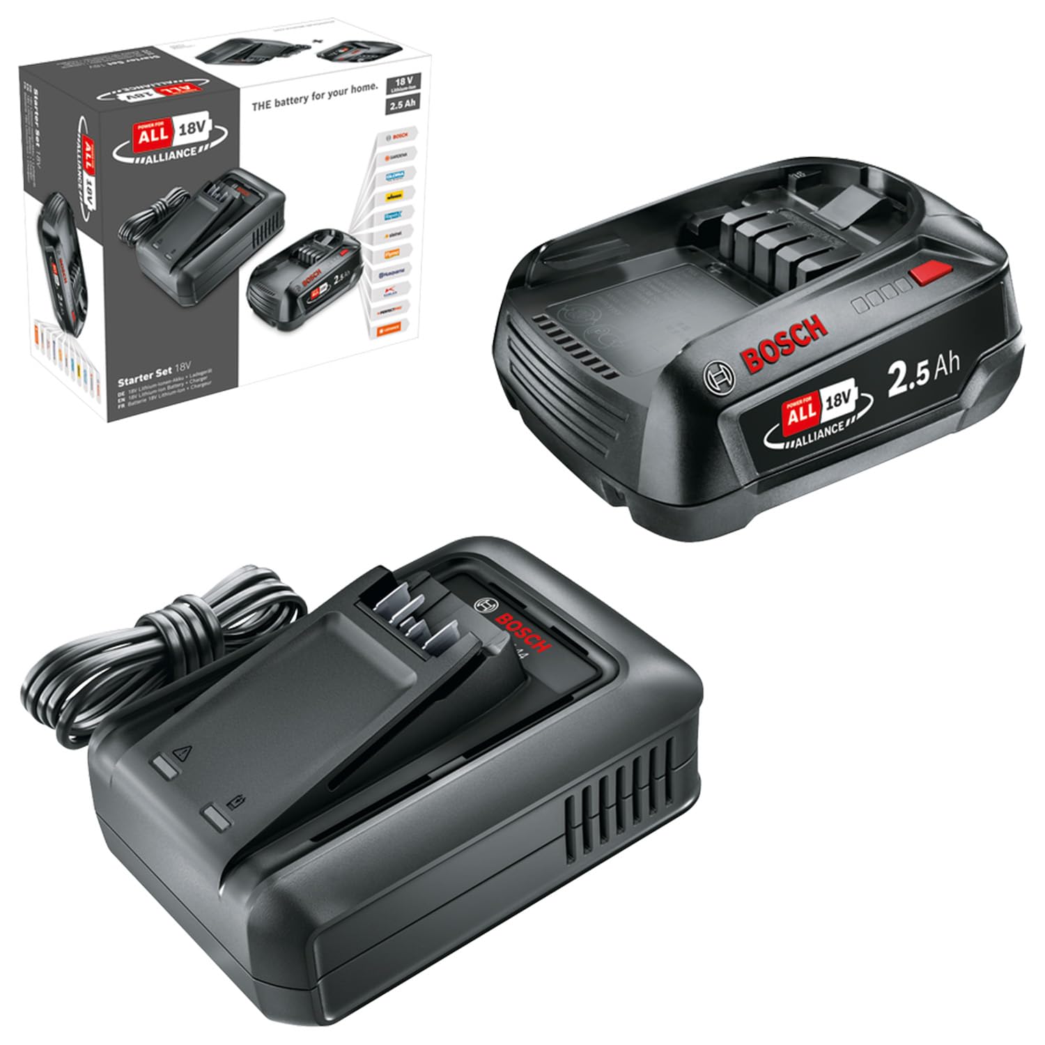 Bosch Kit básico de batería y cargador rápido Starter Set 18V (1 batería de litio de 2,5Ah; 1 cargador rápido; 18V POWER FOR ALL ALLIANCE)