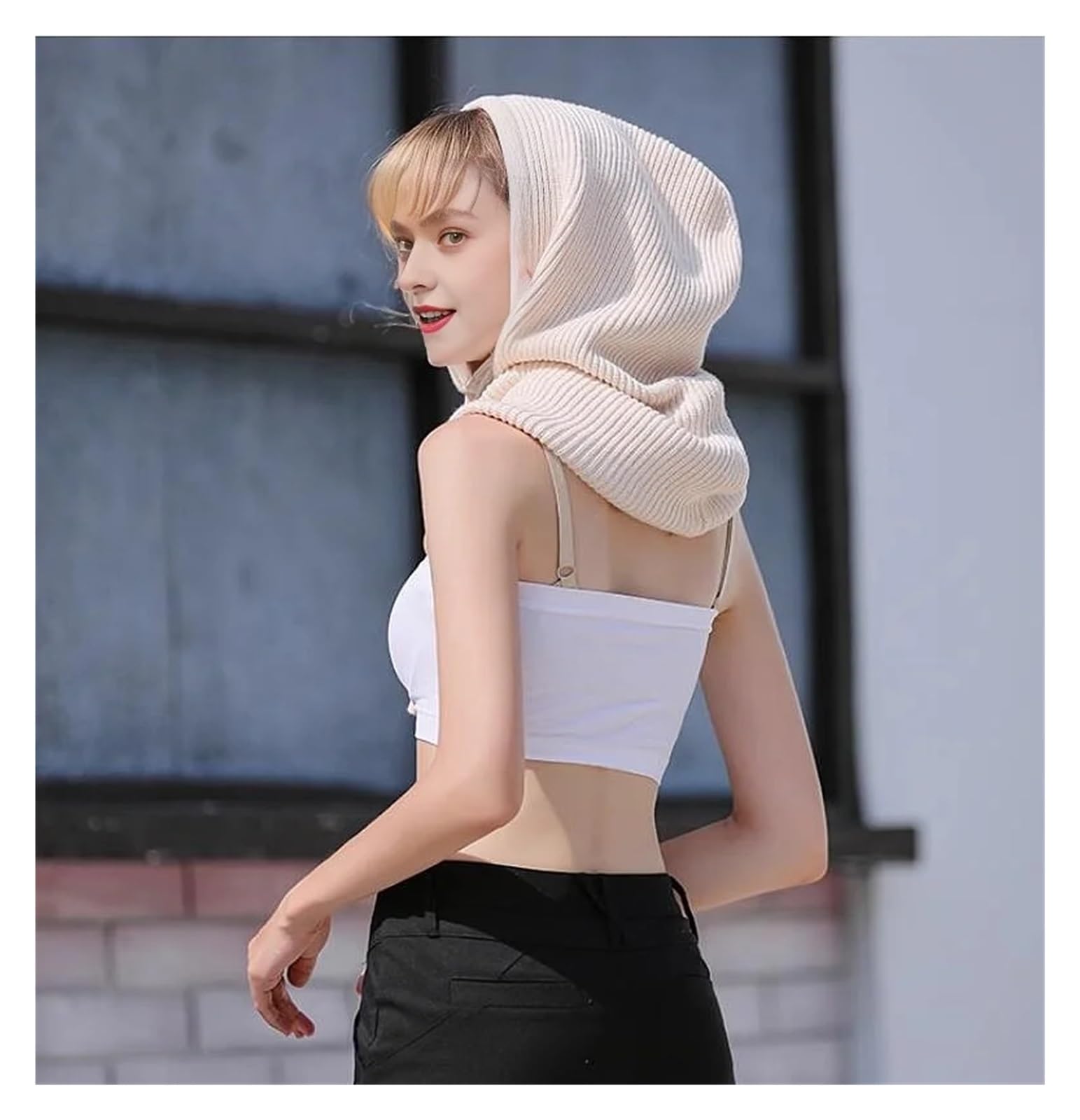 Gorro unisex de punto de lana para mujer, bufanda de cuello con capucha para invierno, con cordón para hombre
