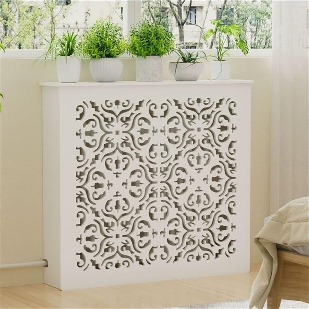 Ejmpsgw White Wooden Radiator Cover with Floral Design, Decorative Heating Cabinet for Home, Bedroom, Bathroom, Includes Storage Shelf for Cast Iron &