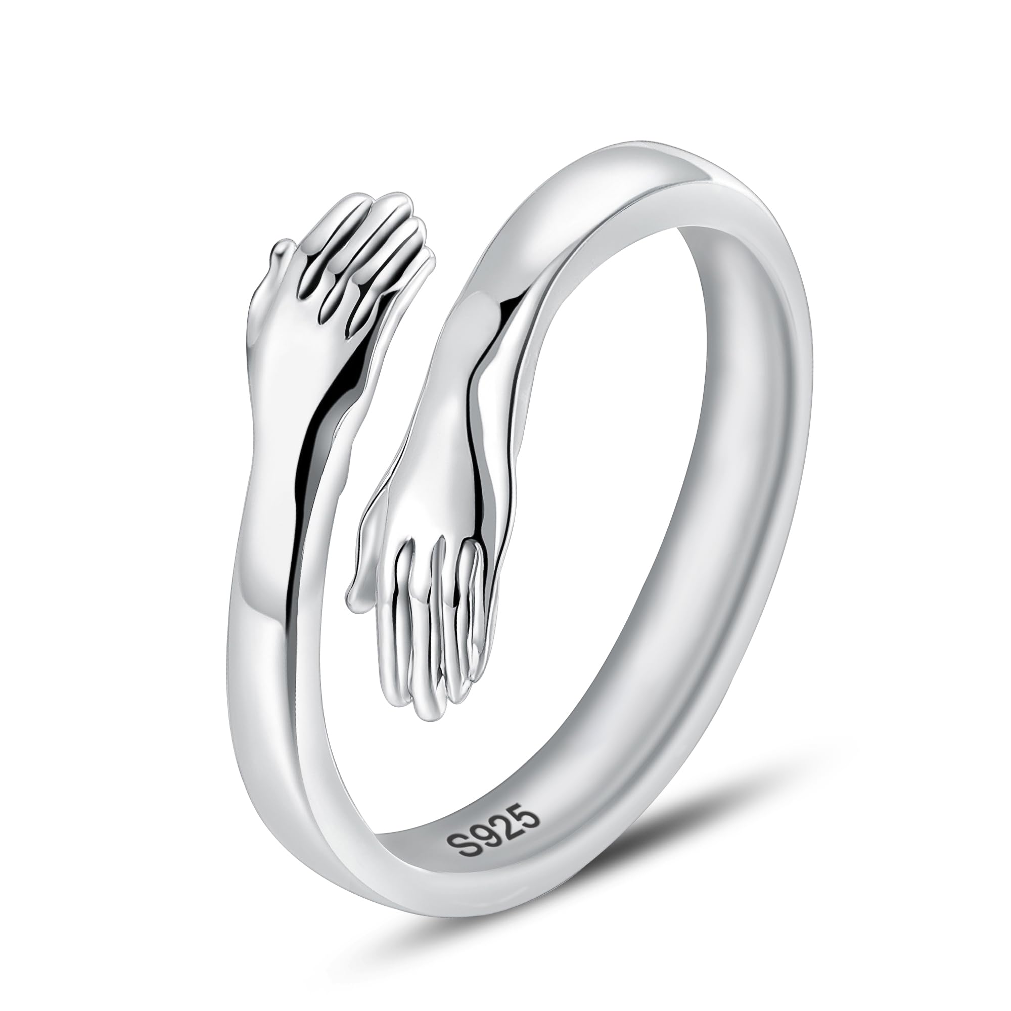 LOVECOM S925 Sterling Silver Hug Rings for Women Teen Girls Adjustable Hugging Hands Open Ring for Men Promise Rings Jewelry Birthday Farthers Day Gifts for Dad Mom Wife Daughters Grandma Best Friend