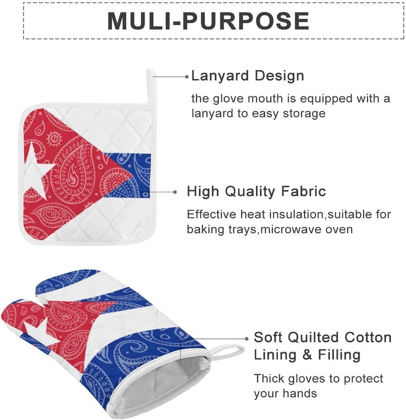 Paisley and Cuban Flag Print Oven Mitts and Pot Holders 3 Piece Sets Heat Resistant Gloves Hot Pads Potholders for Kitchen Baking Cooking