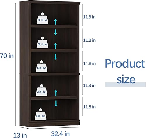 Miniatura 2 de blini Estantería alta de madera de 5 estantes de 33 pulgadas de ancho para almacenamiento de pie de 70 pulgadas de color cereza oscura para oficina