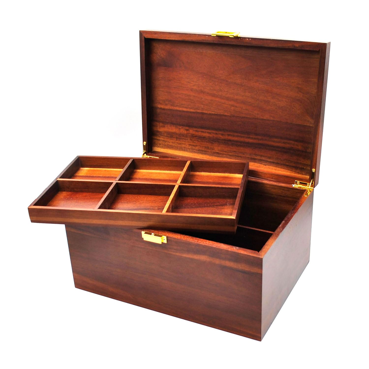 Große Holz Aufbewahrungsbox mit Klappdeckel & Herausnehmbarem Fach, Vintage Akazienholz Schatztruhe (ca. 30,5 x 21,6 x 16 cm) - Ideal für Schmuck, Souvenirs, Werkzeug & Kleinteile