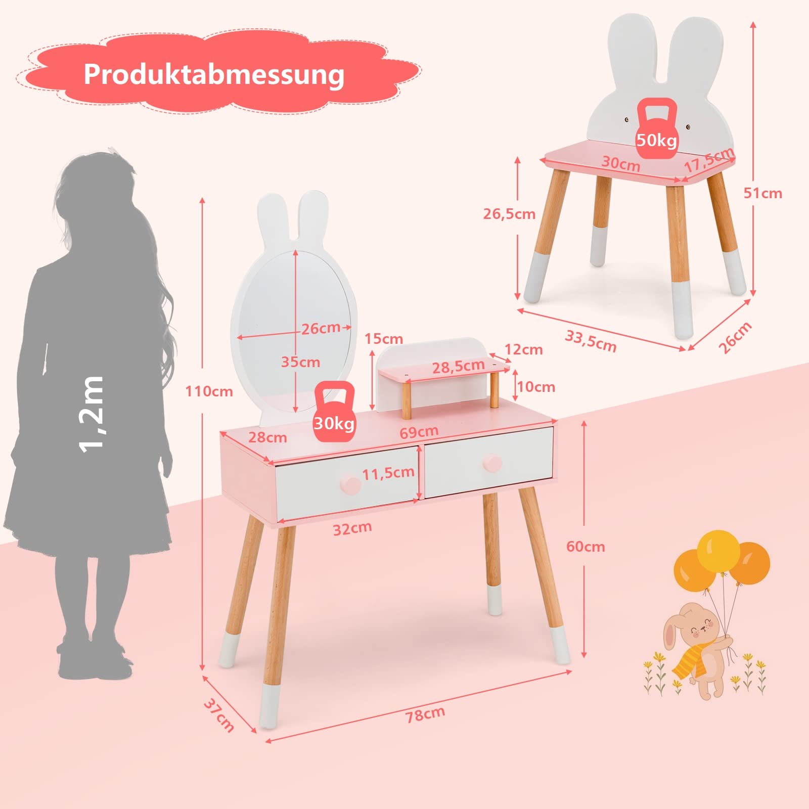 COSTWAY Kinder Schminktisch Set mit Kaninchen Design, 2-in-1-Frisiertisch mit Spiegel, 2 Schubladen & Ablage, Schminkset mit Massivholzbeinen für Mädchen (Weiß)