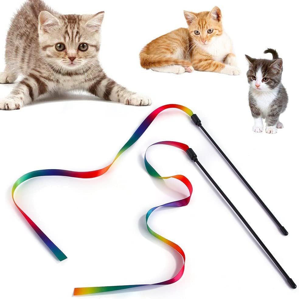Qpets® 2 Pcs Cat Rainbow Wand Toys,Satin & Elastic Teaser for Kittens & Adult Cats - Indoor Exercise, Fun Games, Stress Relief