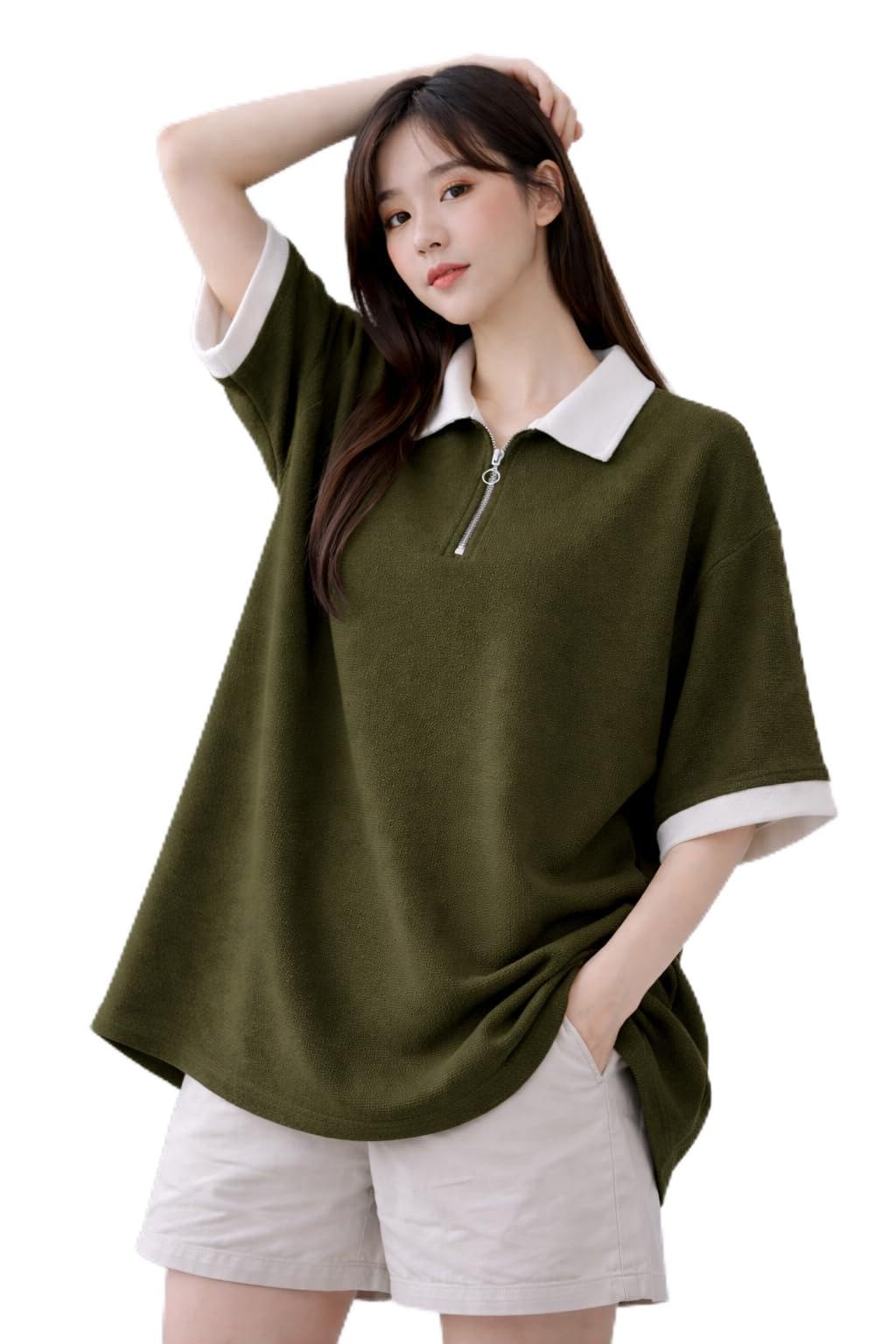 Women's Oversized Polo Collar T-Shirt, Contrast Trim, Half Zip Front, Short Sleeve Tshirt for Women-image-21