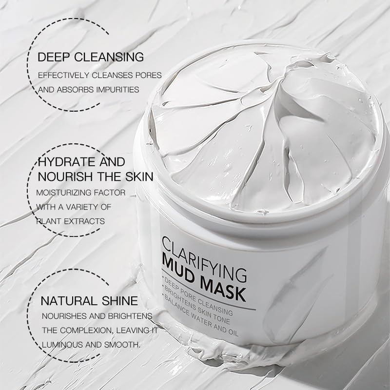 Clay Mask, Clarifying Deep Cleansing White Mud Mask - Pore Minimizing Facial Mask with Hyaluronic Acid, for Oily, Dry & Combination Skin, Includes Dual-Ended Silicone Brush (1.76 Oz)