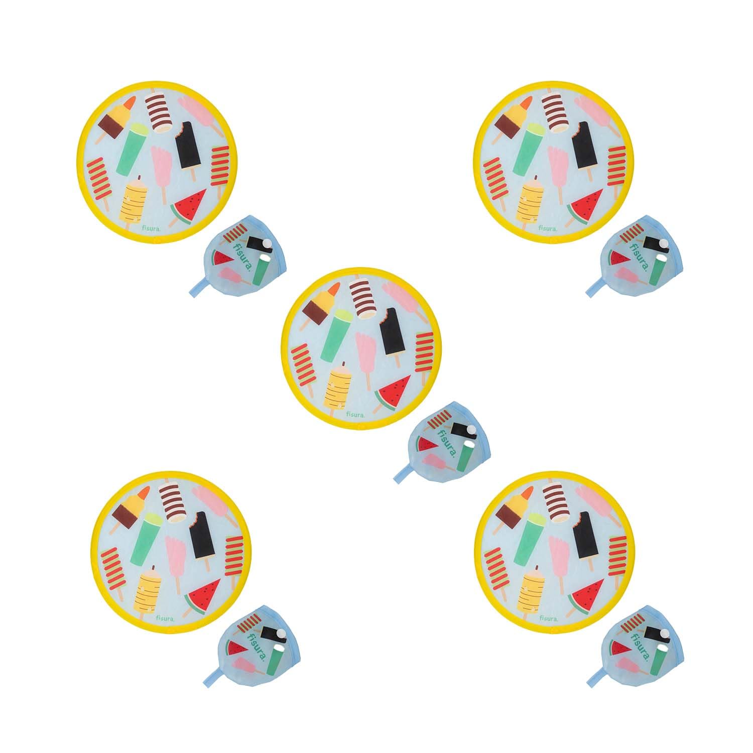 Fisura Round Folding Fan "Ice Cream" Original Folding Hand Fan Foldable Frisbee Pack of 5 Portable Party Fan 20cm, Ice Cream, 5 Units, 20 cm