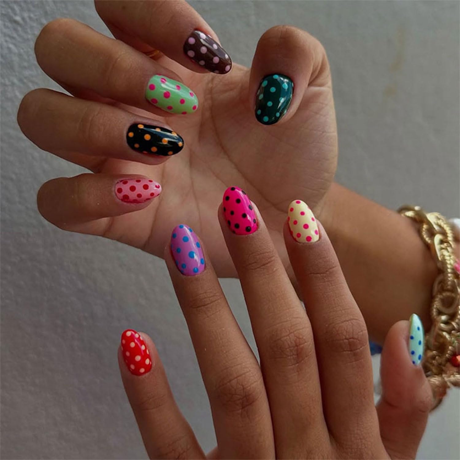 Polka Dot Press on Nails - Colorful Short Almond Fake Nails