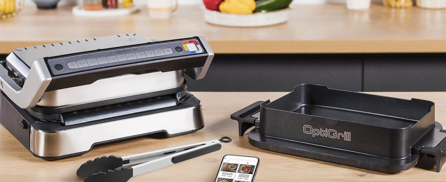 Tefal OptiGrill GC776D10 - Griglia a contatto 4 in 1 con vassoio, apribile, 9 programmi, indicatore del livello di cottura, griglia elettrica, forno, in acciaio inox/nero