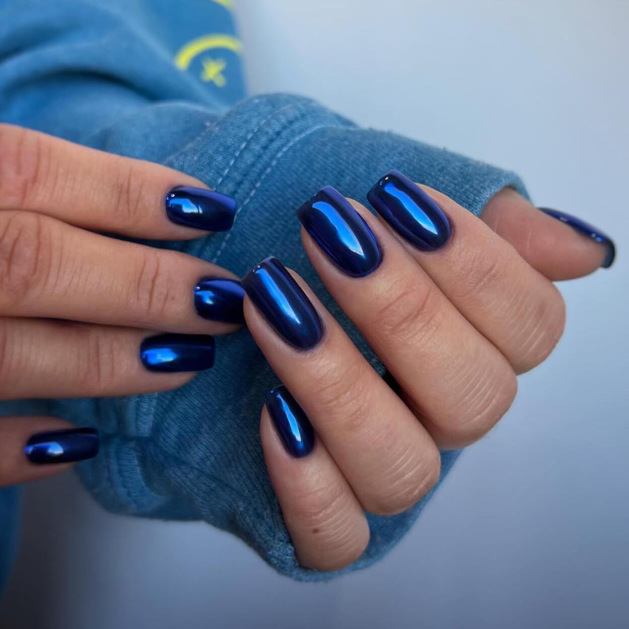 KQueenest Chrome Royal Blue Press on Nails Short Medium Square Glitter Metallic False Nails Medium Coffin - Image 3