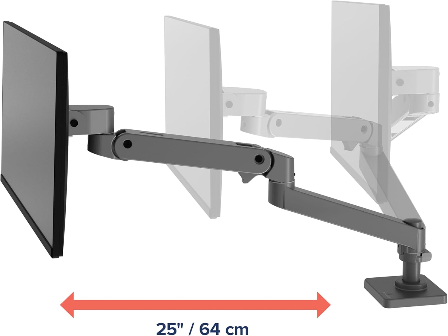 Diagram showing the 25-inch / 64 cm extension range of the monitor arm