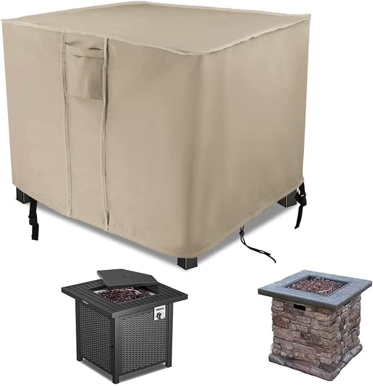 POMER Fire Pit Cover, 30 inch Square Outdoor Gas Fireplace Cover Beige Waterproof Firepit Covers for Propane Fire Pit Table - 30x30x25 inch