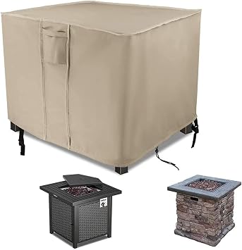 POMER Fire Pit Cover, 30 inch Square Outdoor Gas Fireplace Cover Beige Waterproof Firepit Covers for Propane Fire Pit Table - 30x30x25 inch