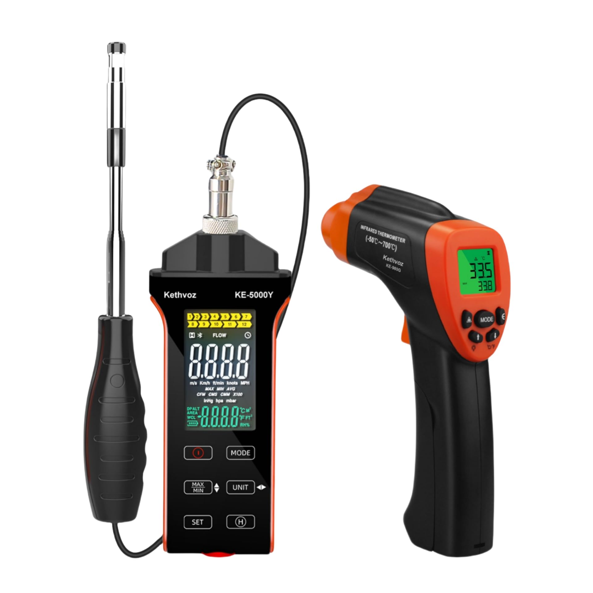 Termómetro infrarrojo profesional 2 en 1 y kit de anemómetro de alambre de calor digital, -50 ℃ ~ 700 ℃, 0,3 ~ 30 m/s, control de velocidad del viento, objetivo láser, multiunidad para industria/clima