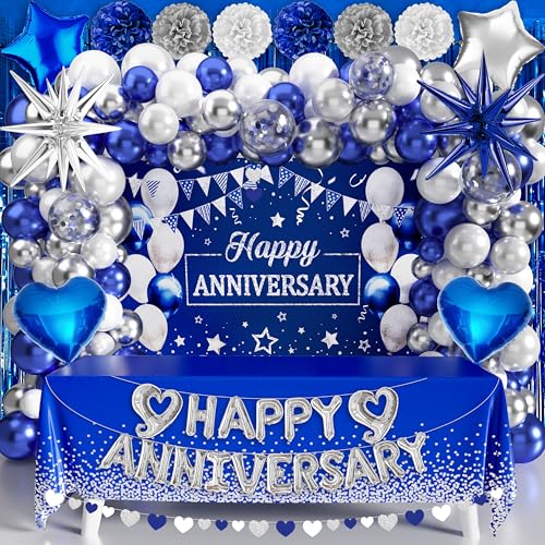 Image of Happy Anniversary Party Decoration 101Pcs, Blue and Silver Anniversary Party Supplies Backdrop Banner Blue and Silver Balloon Arch Kit Tablecloth for Wedding Anniv. Decor