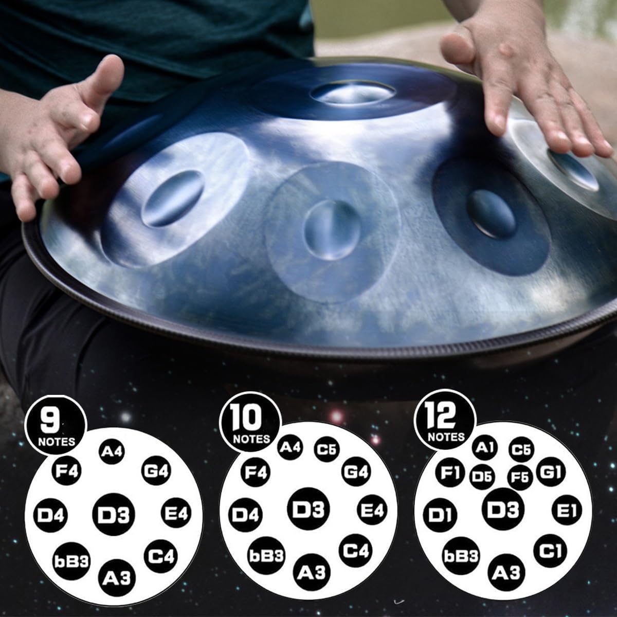Handpan 432 440 Hz Tamburo a Mano In Acciaio Da 22 Pollici, Strumento a Drum Handpan Re Minore 9 10 12 Note per Principianti Sound Healing Meditazione(Blue,440HZ/10Note)