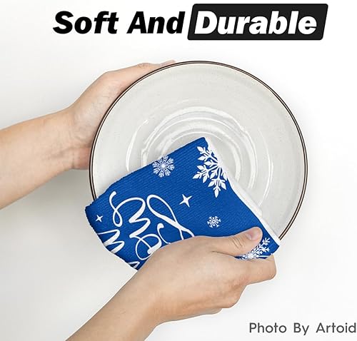 Miniatura 5 de Artoid Mode Juego de 4 toallas de cocina con diseño de árbol de Navidad azul con copos de nieve Let It Snow Merry Christmas, 18 x 26 pulgadas,