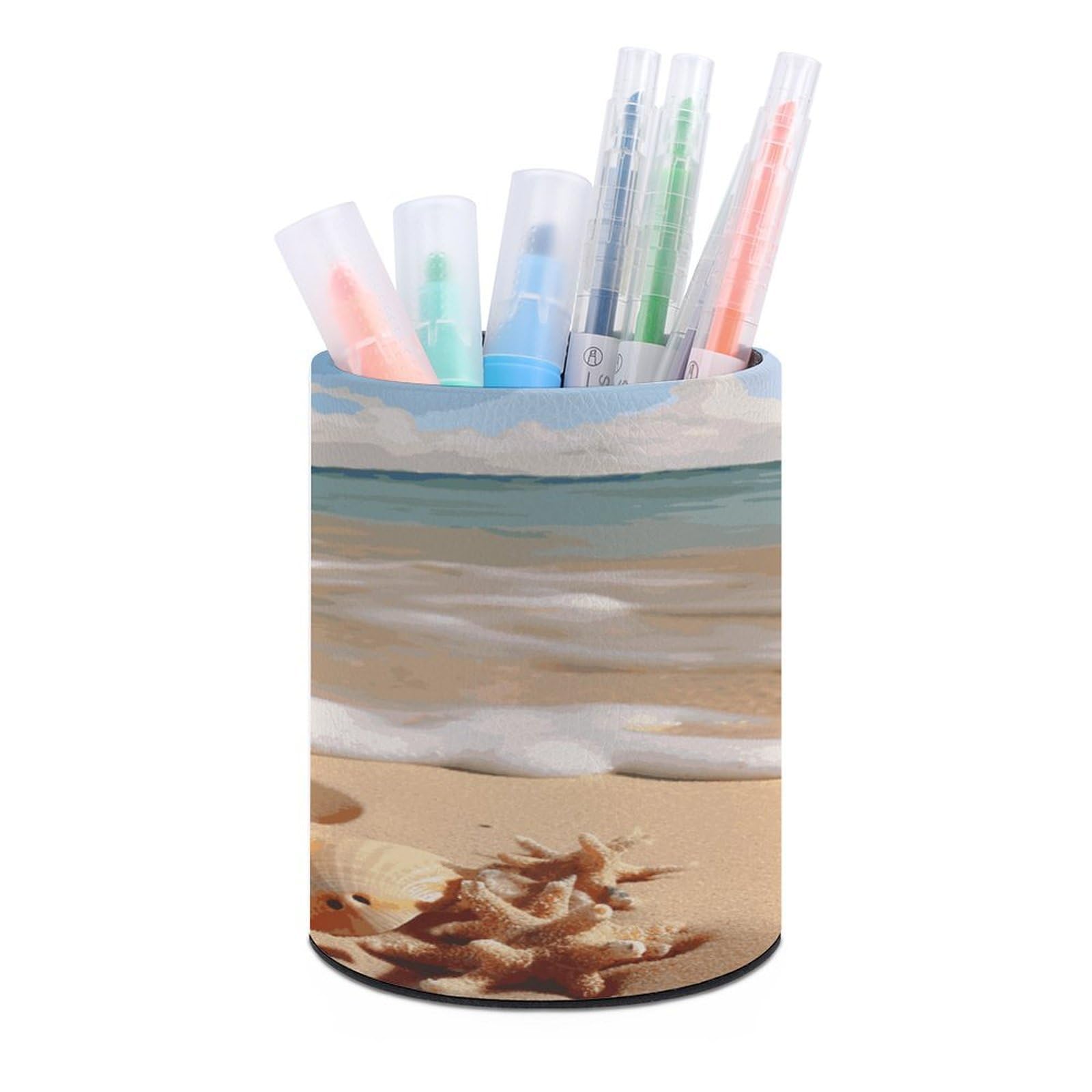 LDGSUPH Seashells Starfish on Beach Round Pen Holder Leather Pen Cup Pencil Cup Pen Organizer Pencil Holder for Desk Organizer Pencil Organizers Makeup Brush Holders for Home Office Gift
