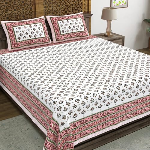 Image of BLOCKS OF INDIA Hand Block Printed 200 TC Cotton King Size Bedsheet (Peach BUTI)