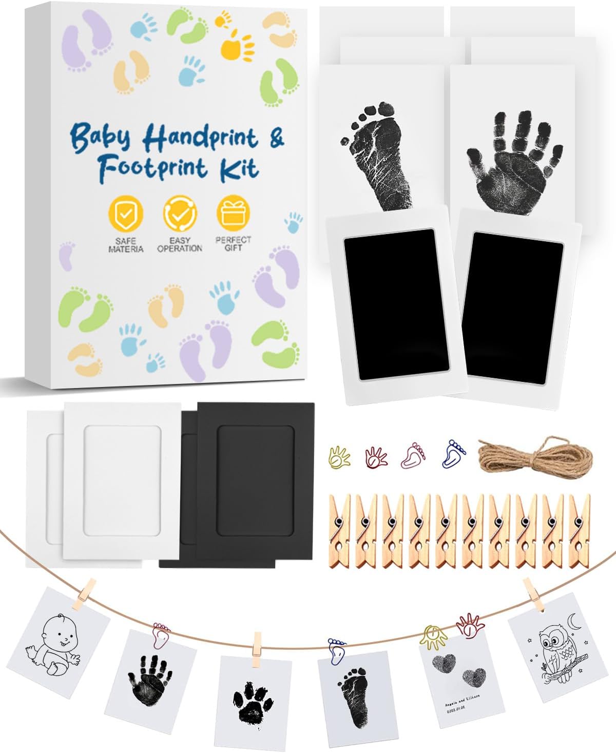 Baby Footprint Kit & Handprint Kit, 2 Inkless Ink Pads, 4 Photo Frames, 6 Imprint Cards, Keepsake Gifts for New Parents & Baby Showers, for Babies, Dogs & Cats Paw Print Kit with 4 Cute Clips