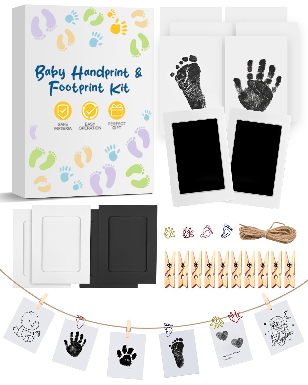 Baby Footprint Kit & Handprint Kit, 2 Inkless Ink Pads, 4 Photo Frames, 6 Imprint Cards, Safe Clean-Touch Ink for Baby Feet & Hands, Keepsake Gifts for New Parents & Baby Showers with 4 Cute Clips
