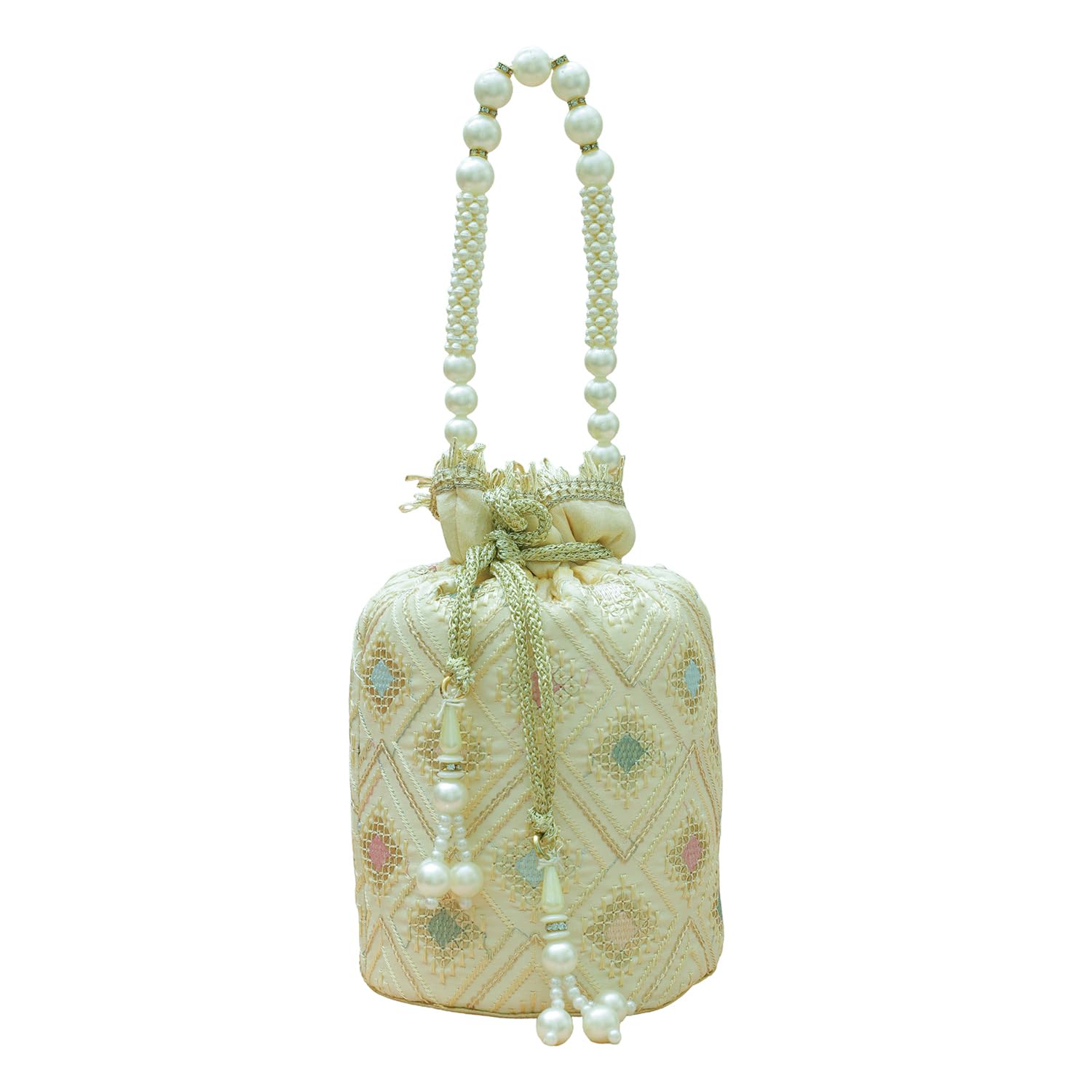 rubans Bags Cream Potli Bag with Multicolor Pastel Embroidery Pearl Beaded Handle & Golden Tassel Detailing Ethnic Gift for Women & Girls-picture-27