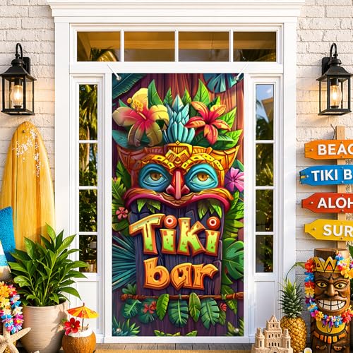 Image of BissYard Tiki Bar Door Cover 71 x 35 Inches Tropical Tiki Mask Door Banner Hawaiian Luau Party Front Door Decoration Indoor Outdoor Porch Island Theme Decor