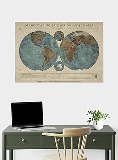 Classic World Map: Orthographic Projection Decor Roll-up Paper Poster Wall Map (Canvas, Medium)