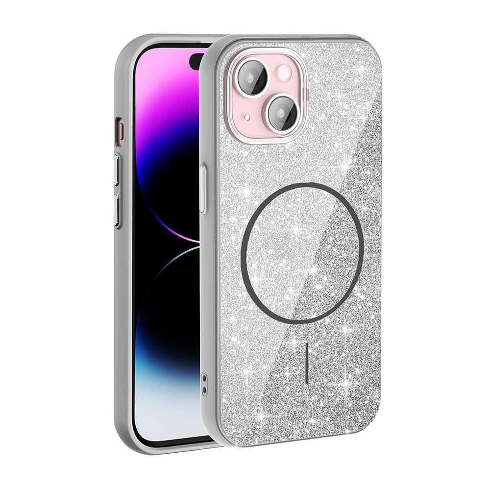 Zore Apple için uyumlu iPhone 15 Kılıf M-safe Şarj Özellikli Parlayan Simli Zore Okso Kapak Beyaz