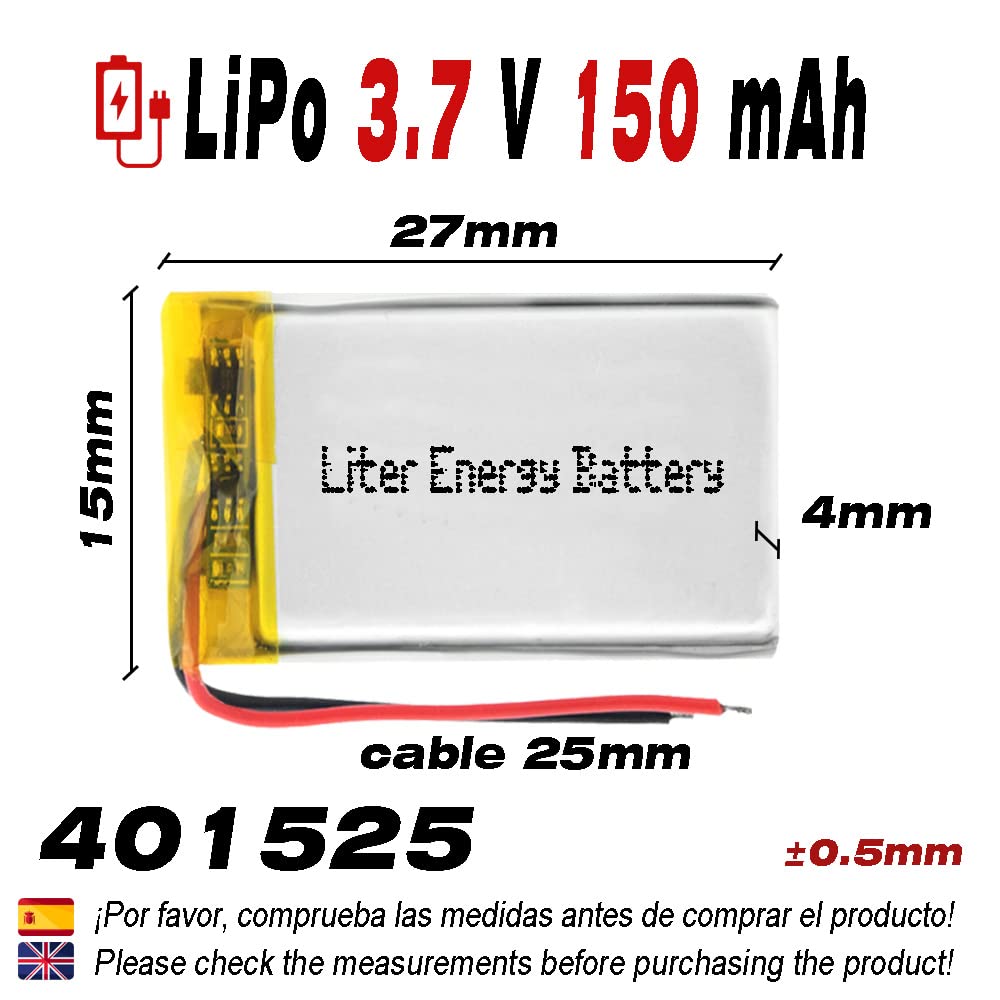 Bateria 401525 LiPo 3.7V 150mAh 0.555Wh 1S 5C Liter Energy Battery Akumulator dla Elektroniki ładowalny litowy polimerowy telefon - Nie nadaje się do sterowania radiowego 27x15x4mm (150mAh|401525)