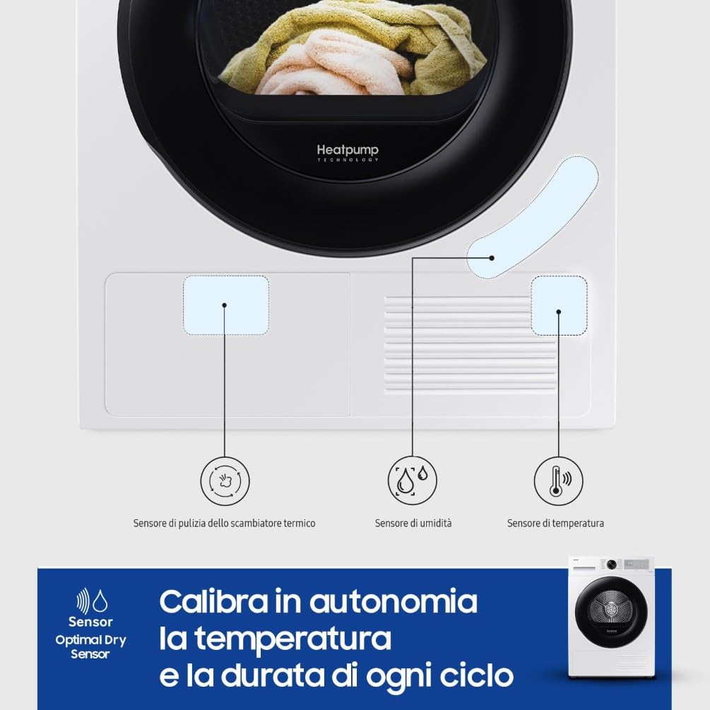 Samsung Asciugatrice Crystal EcoDry DV90CGC2A0AH/ET, 9 kg, Pompa di Calore, Wifi, Sensore Optimal Dry, Filtro 2 in 1, Carica Frontale, 60L x 85H x 62P cm
