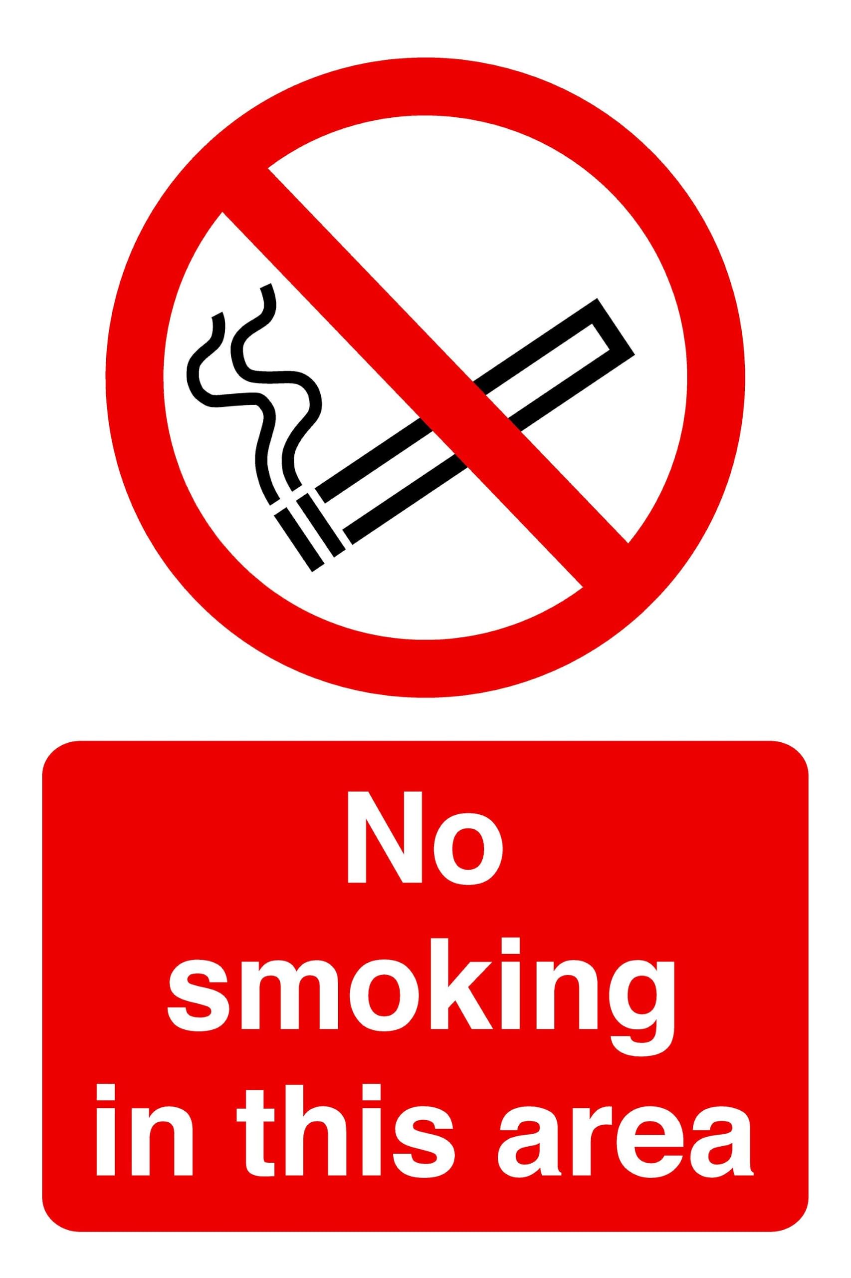 No smoking in this area safety sign - High tack self-adhesive sticker (600mm x 400mm) Viewing Distance within 20m.
