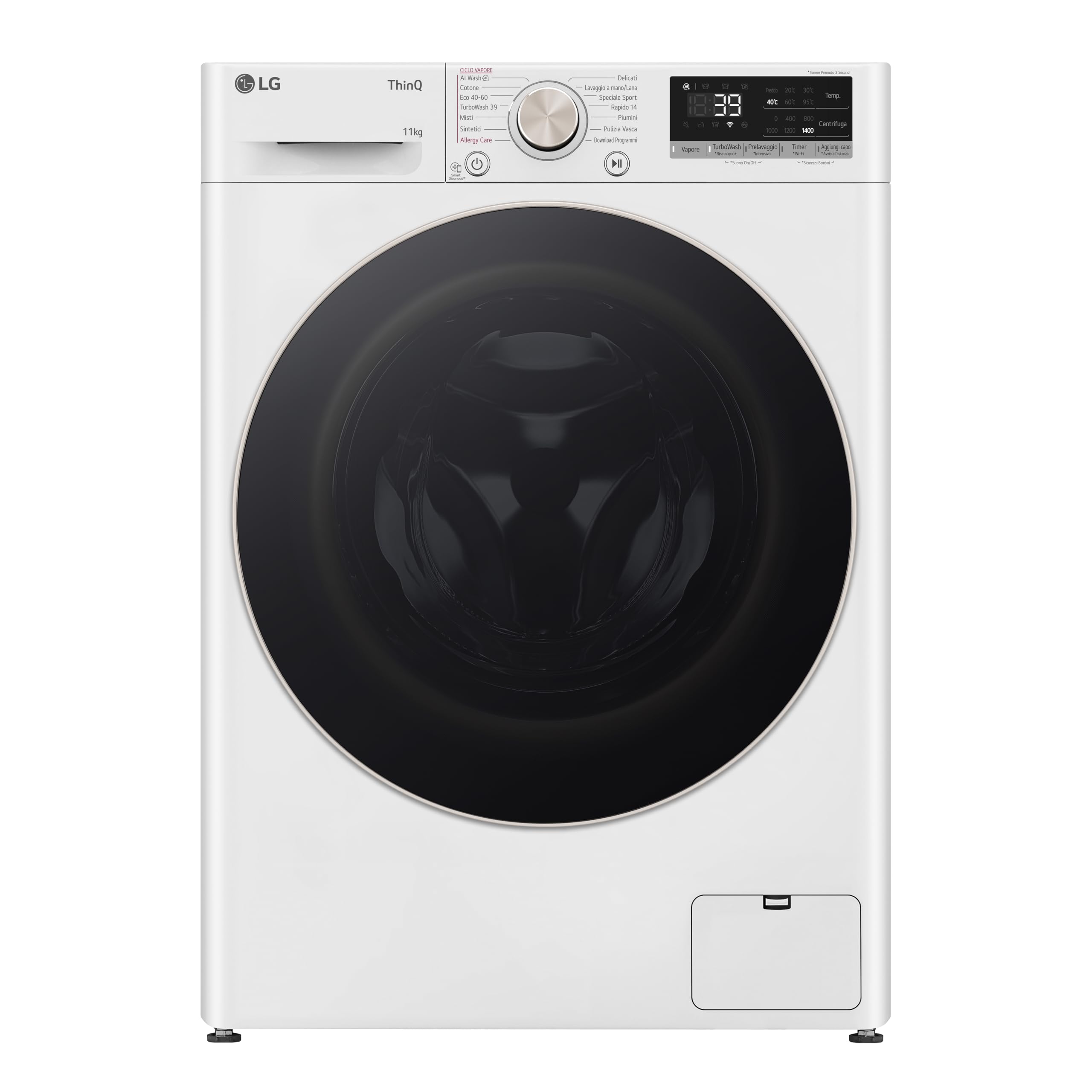 LG AI DD F4R7011TSWG Lavatrice 11kg, a Carica Frontale, Serie R7, Lavatrice Classe A -10%, 1400 giri, TurboWash 360, Vapore su 7 Programmi, Wi-Fi, Libera installazione, Bianco
