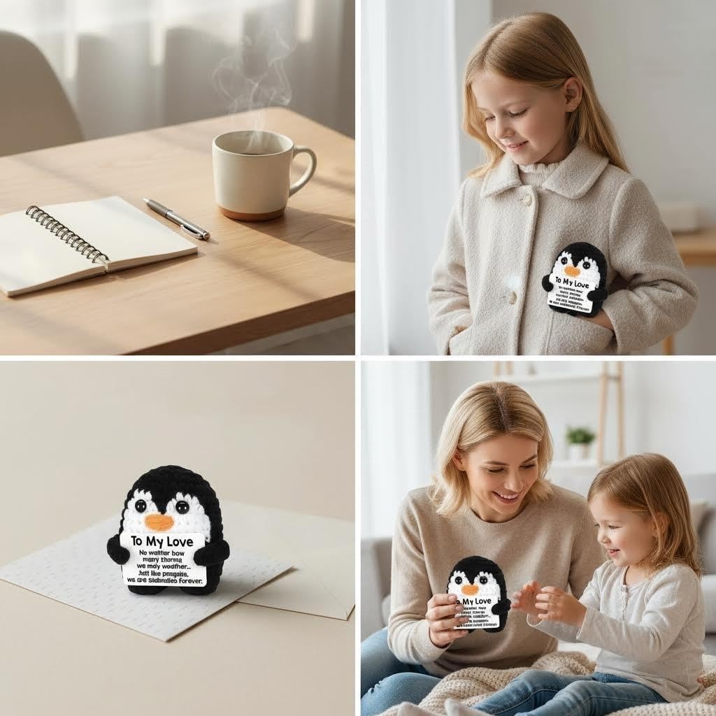 GODSDWARES Handmade Crochet Toys, Penguin Soft Toy, Gifts for Mom, Gift for Mother, Gift for Mom, Handmade Crochet Penguin with Heartfelt Card, Great for Gifts for Mum Birthday for Mum(7 * 9cm) 1