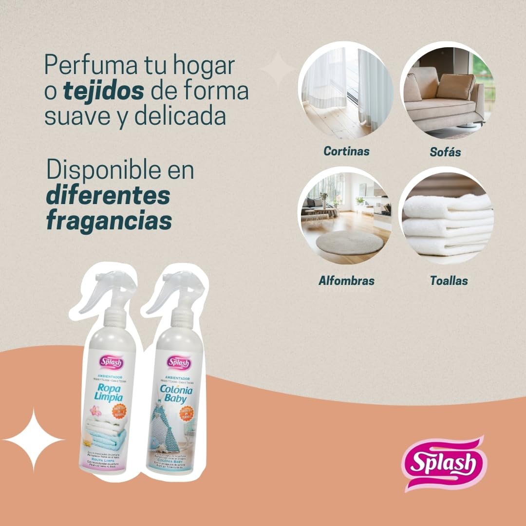 SPLASH | |Ambientador Pulverizador Hogar Tejidos | Fragancia Fresca| Ropa Limpia| Microcápsulas de Perfume |Contenido: 400 ml