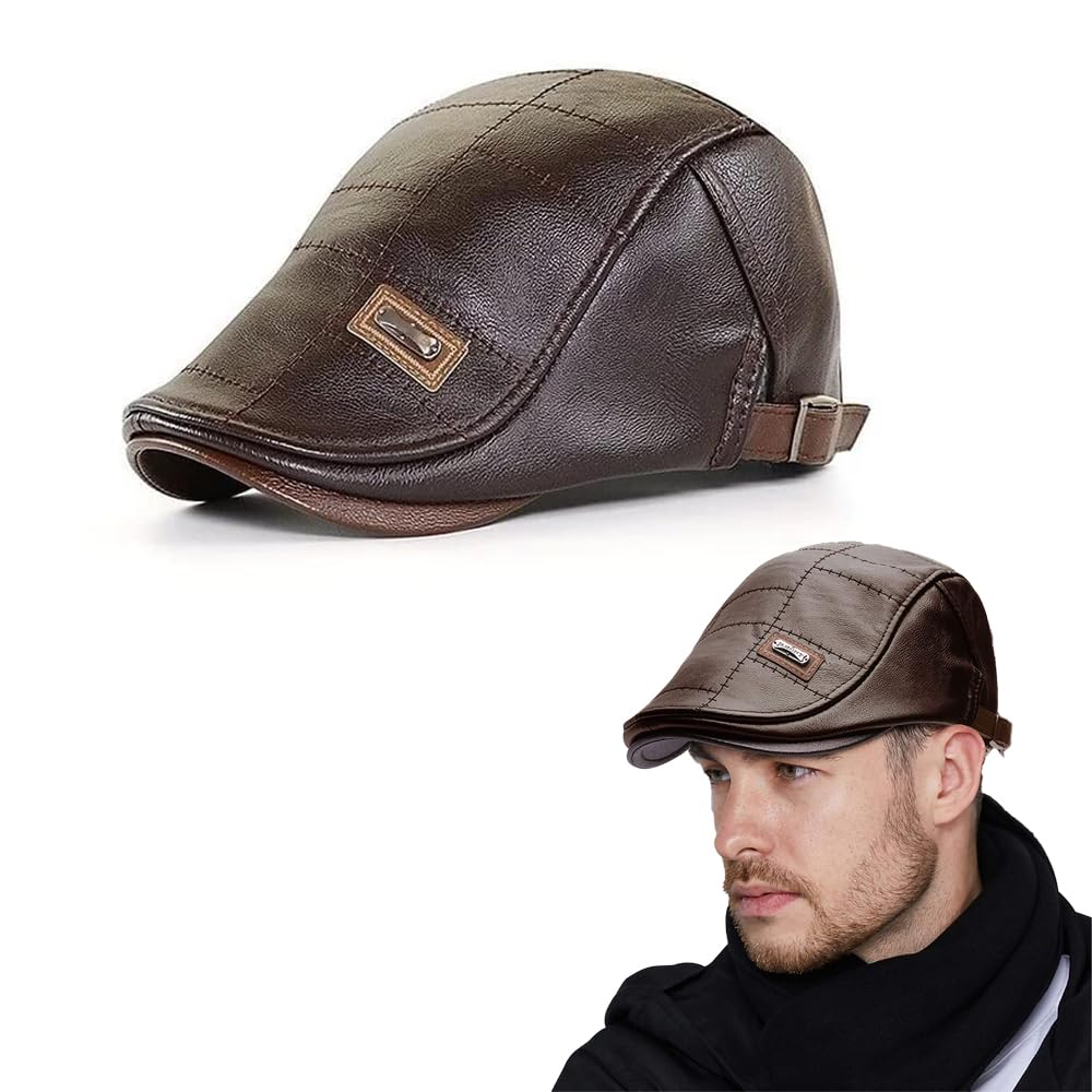 Men's Berets, PU Leather Flat Cap Vintage Beret Simple and Adjustable Newsboy Cap Duckbill Ivy Irish Flat Hat