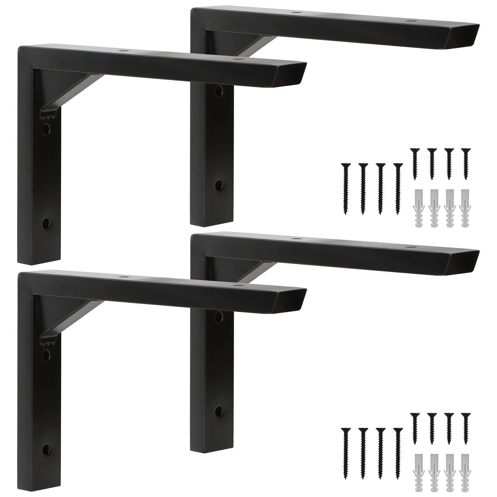 Terafeels 4 Pack Black Shelf Brackets – Stainless Steel L Shaped Wall Shelf Supports with Triangular Reinforcement, Hollow Design, Screws and Wall Plugs Included 6 Inch