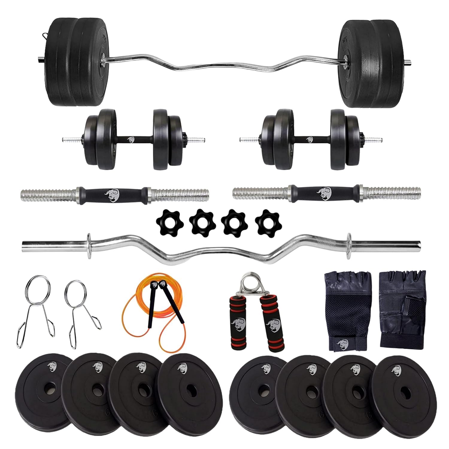 BULLAR PVC Home Gym Set, 8kg to 20kg Home Gym Weight Set with Curl Bar, Dumbbells, Jump Rope, Hand Grips, Workout Gloves (16 KG Set)-image-24