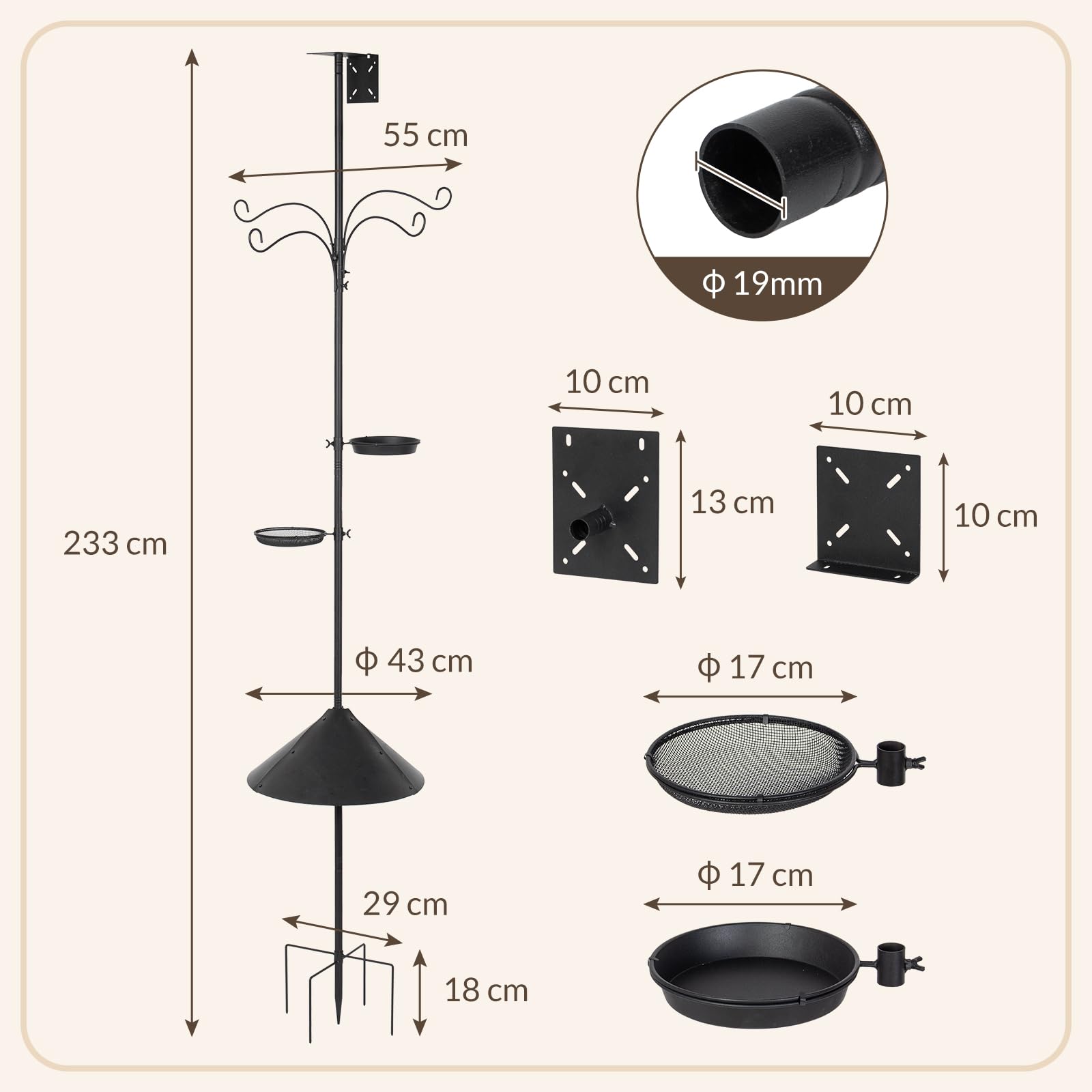 Todeco Crochet de Berger de Jardin, 233cm Crochet de Jardin Réglable en Métal, avec 4 Crochets, 2 Palettes, Garde-rat, Support de nichoir, Suspension Extérieur pour Lanterne, Lumineuse, Plantes