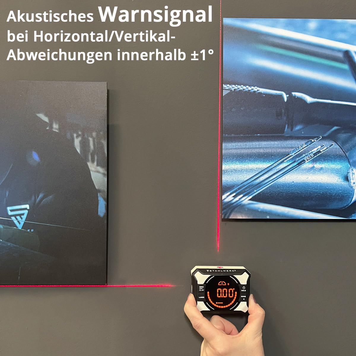STAHLWERK Laser-Winkelmessgerät DAG-360 ST | Digitaler Winkelmesser | Level-Box | Wasserwaage mit Linien-Laser, Nivellier-Funktion, Magnetbefestigung, Lithium-Ionen-Akku und USB-C-Ladebuchse