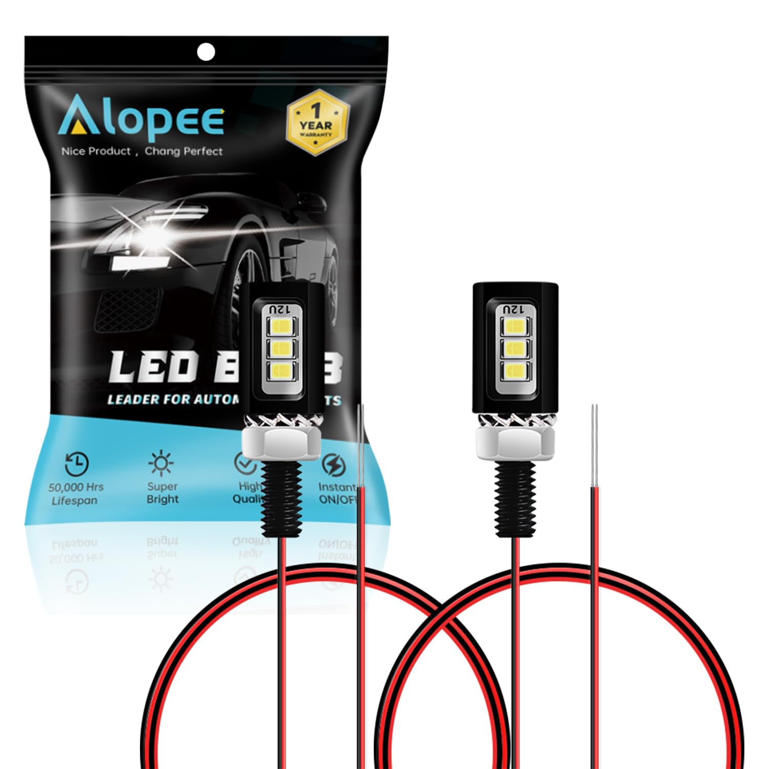 Alopee 2-Pack White LED License Plate Light Assembly, Screw Bolt Design, Aluminum Waterproof Housing, 2835 Chips, DC 10-15V, for Car and Motorcycle