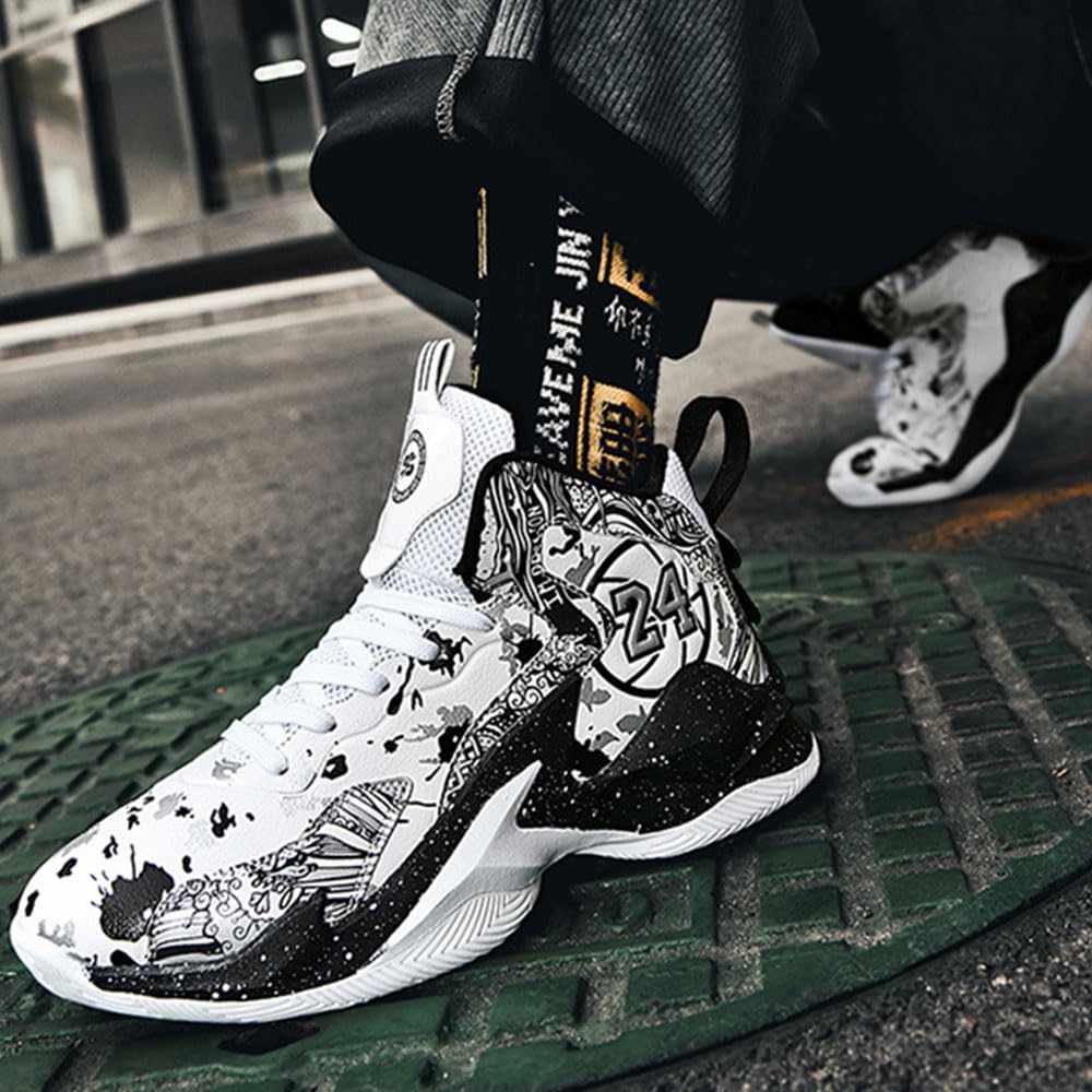 Hixingo Zapatos de Baloncesto Hombre Mujeres, Graffiti Zapatillas de Baloncesto Niño Zapatillas de Deporte de Caña Alta Unisex Zapatillas Sneakers Antideslizantes Zapatos Casuales Cómodos 35-45 EU