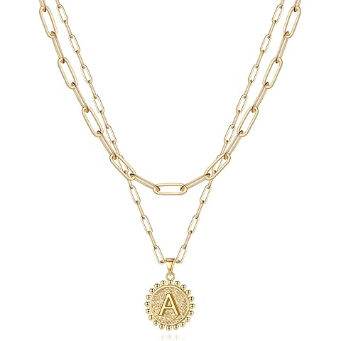 Yoosteel Christmas Gifts for Women, Gold Initial Necklaces for Women 14K Gold Plated Dainty Layering Paperclip Link Chain Necklace Coin Initial Layered Necklace Birthday Gifts Stocking Stuffers