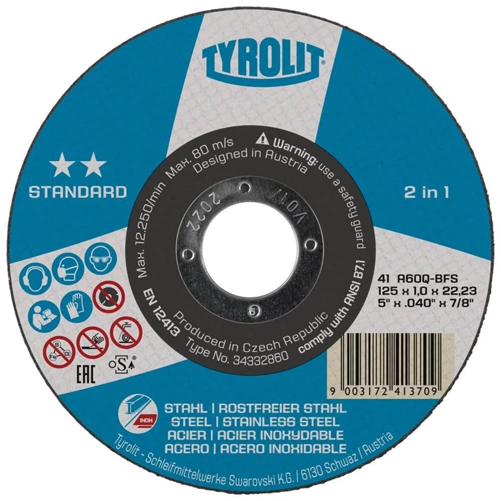 Tyrolit 34332860 STANDARD 2in1 Discos de Corte, 41, A60Q-BFS, 125 x 1 x 22.23 mm Dimensiones, Caja de 25