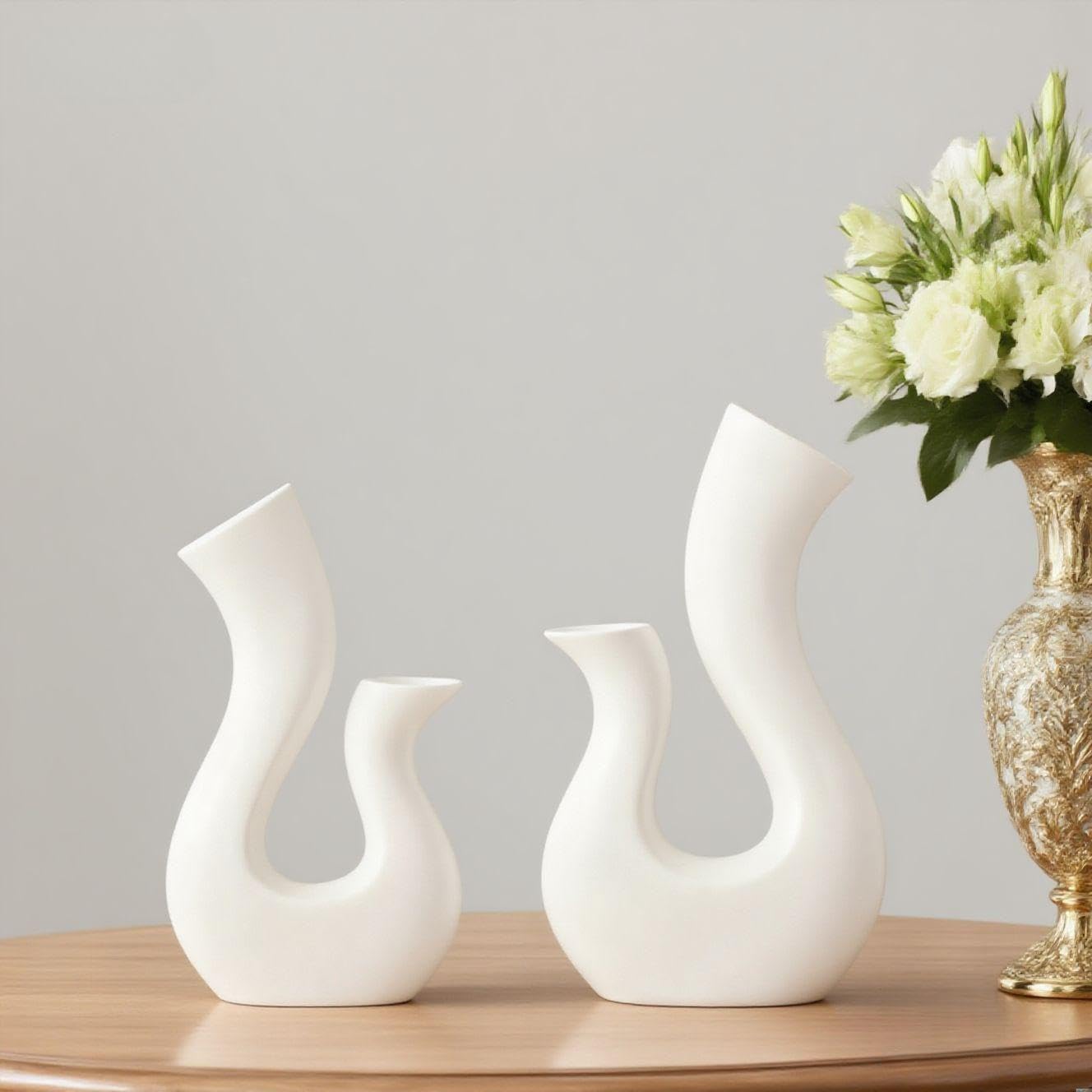 Swan Vase with Faux Flowers - White Ceramic Vase Set, Farmhouse & Modern Home Decor, Artificial Floral Arrangement for Dining Table Centerpiece, Living Room, Office Desk Decor, Entryway